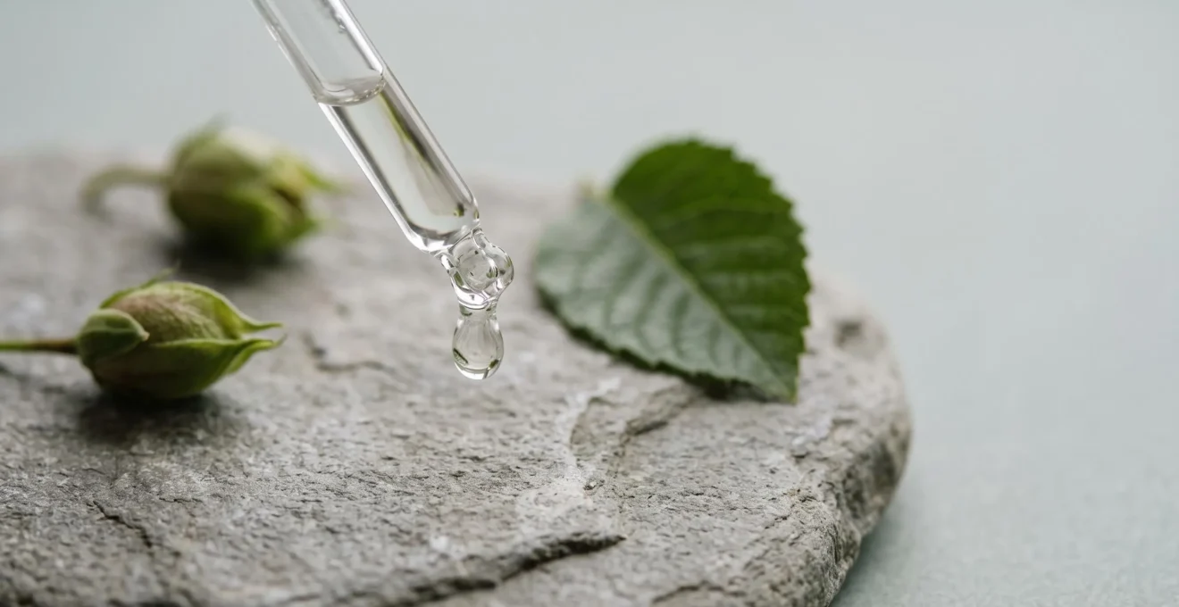 Composition éditoriale évoquant la science des actifs végétaux pour la peau, avec des éléments botaniques et une texture de sérum en lumière naturelle