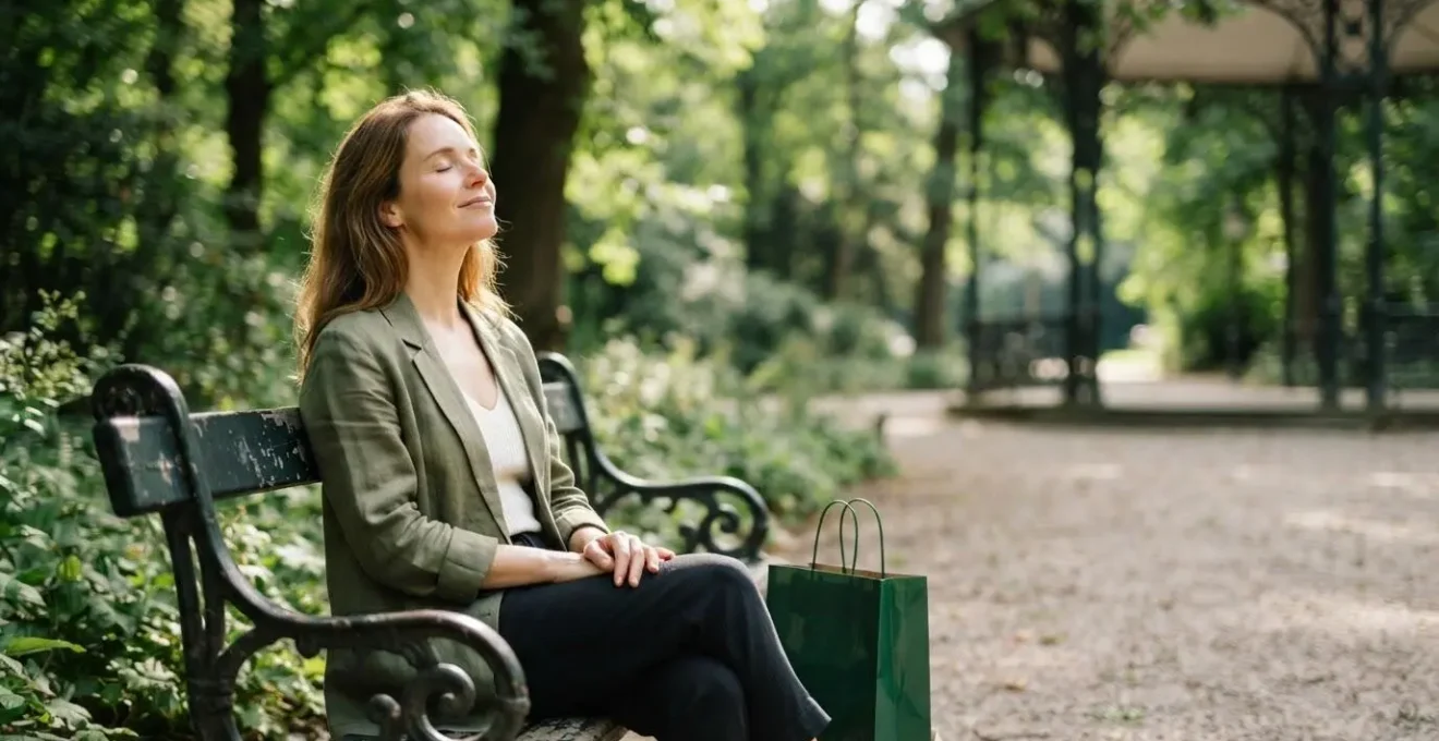Une femme assise sur un banc dans un parc bruxellois savoure un instant de calme, un sac de shopping délaissé à ses côtés