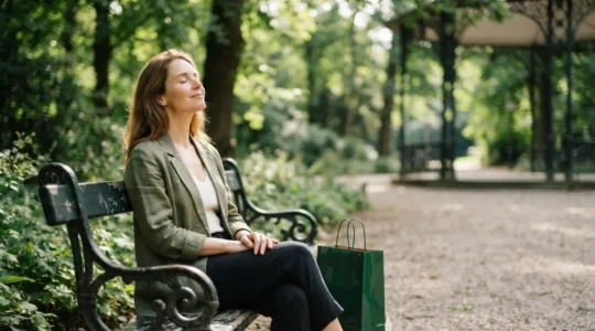Une femme assise sur un banc dans un parc bruxellois savoure un instant de calme, un sac de shopping délaissé à ses côtés