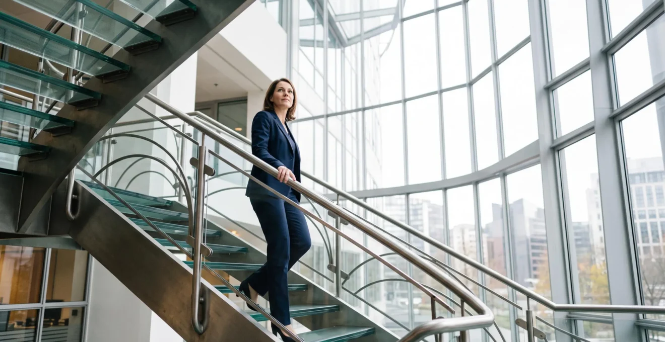 Femme cadre belge gravissant un escalier de verre dans un immeuble de bureaux moderne, symbole de l'ascension vers les postes de direction