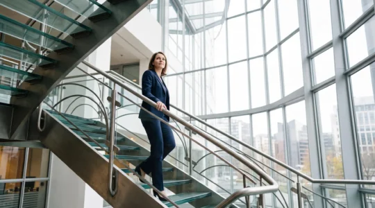 Femme cadre belge gravissant un escalier de verre dans un immeuble de bureaux moderne, symbole de l'ascension vers les postes de direction