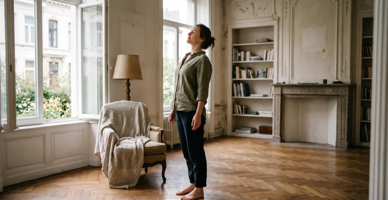 Silhouette apaisée d'une personne étirant son dos dans une lumière douce, illustrant la libération des tensions musculaires