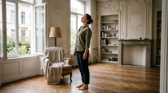 Silhouette apaisée d'une personne étirant son dos dans une lumière douce, illustrant la libération des tensions musculaires