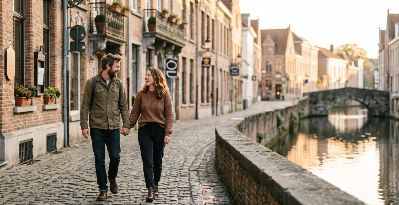 Couple complice se tenant la main dans une rue pavée bruxelloise au crépuscule, symbole de la passion durable