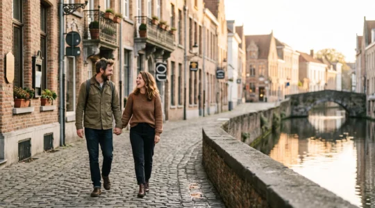 Couple complice se tenant la main dans une rue pavée bruxelloise au crépuscule, symbole de la passion durable