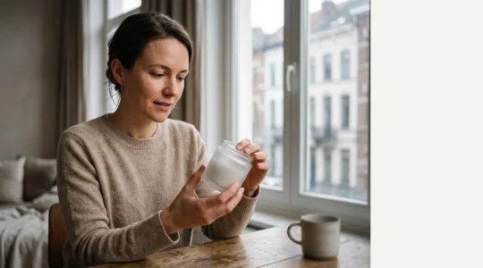 Une main tenant un pot de soin cosmetique sans etiquette lisible, pres d'une fenetre lumineuse evoquant l'architecture belge en arriere-plan flou