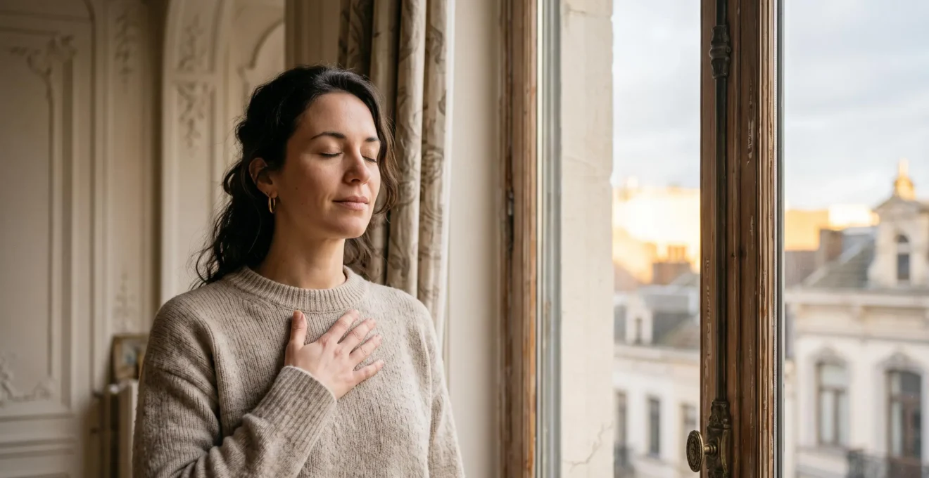 Femme respirant calmement en gros plan, lumiere douce, symbolisant le passage du stress a l'apaisement nerveux