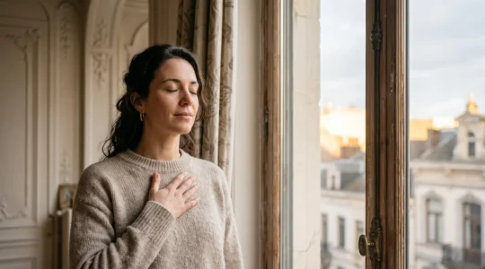Femme respirant calmement en gros plan, lumiere douce, symbolisant le passage du stress a l'apaisement nerveux