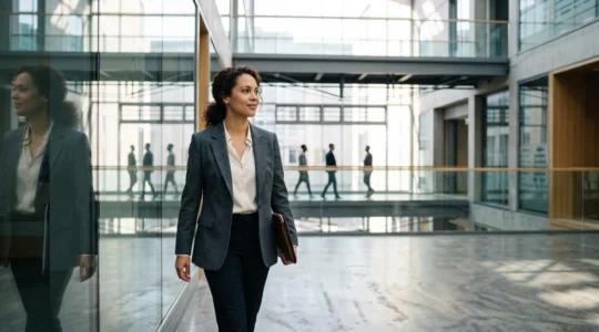 Illustration symbolisant l'égalité professionnelle réelle en Belgique à travers une architecture de verre moderne et une figure humaine avançant vers la lumière