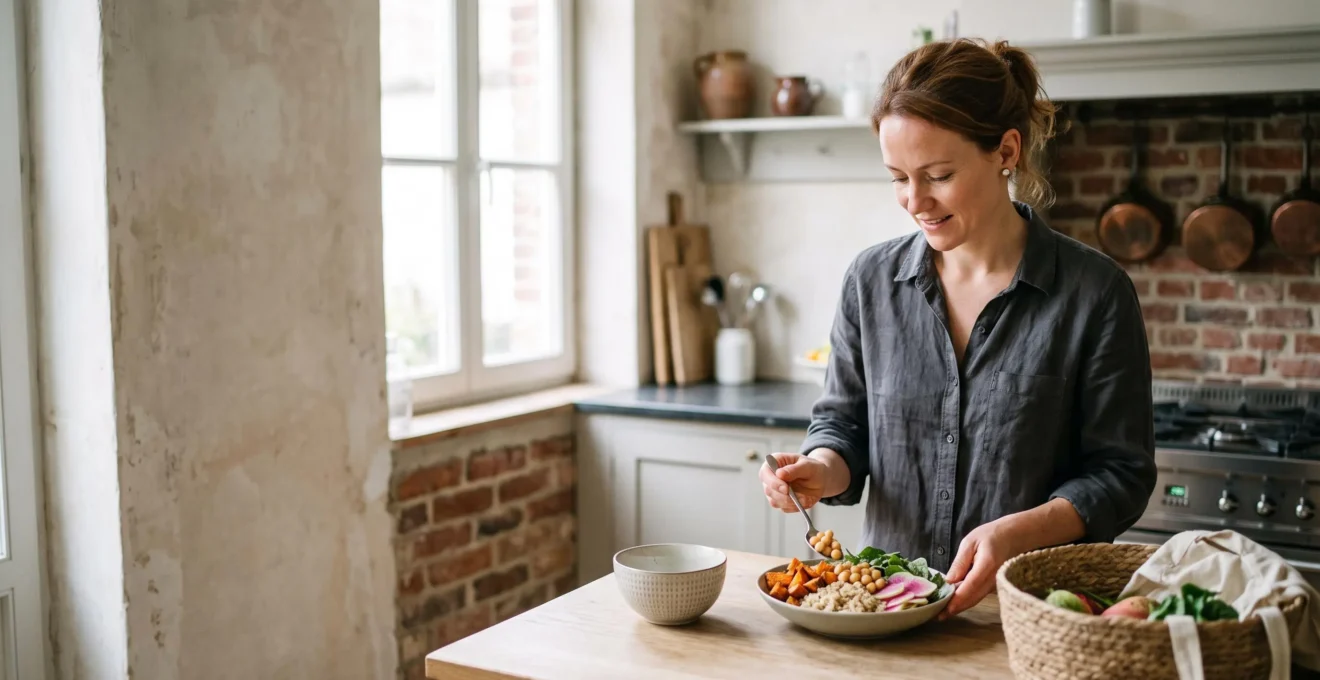 Femme active préparant un repas coloré et équilibré dans une cuisine lumineuse, illustrant une alimentation variée et nourrissante