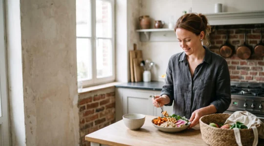 Femme active préparant un repas coloré et équilibré dans une cuisine lumineuse, illustrant une alimentation variée et nourrissante