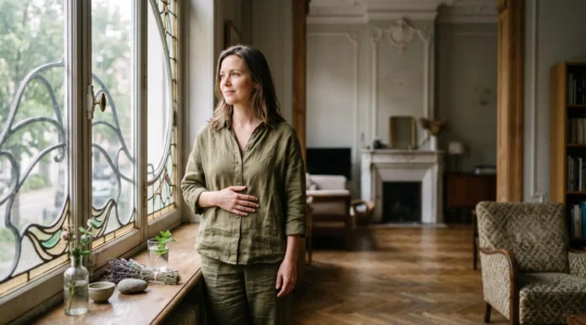 Portrait symbolique d'une femme sereine incarnant le passage vers une santé feminine preventive et integrative