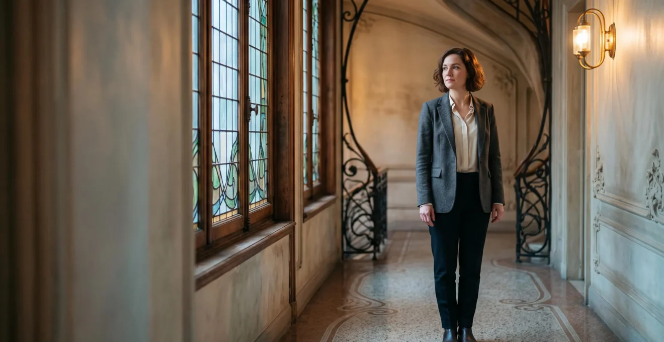 Femme se tenant entre deux jeux de lumière contrastés, symbolisant le passage des injonctions sociales vers l'affirmation de soi