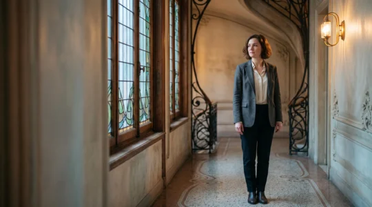 Femme se tenant entre deux jeux de lumière contrastés, symbolisant le passage des injonctions sociales vers l'affirmation de soi