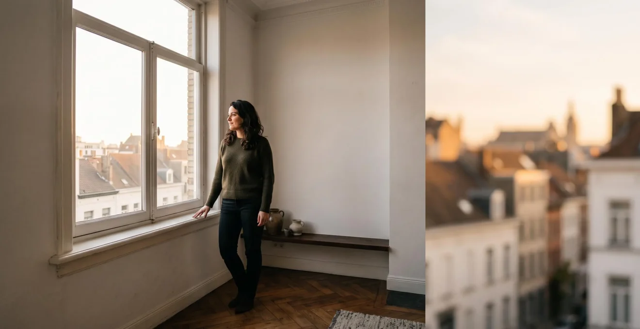 Femme se tenant seule face à une grande fenêtre dans un intérieur épuré évoquant l'indépendance et la sérénité financière