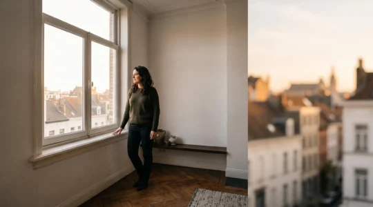 Femme se tenant seule face à une grande fenêtre dans un intérieur épuré évoquant l'indépendance et la sérénité financière