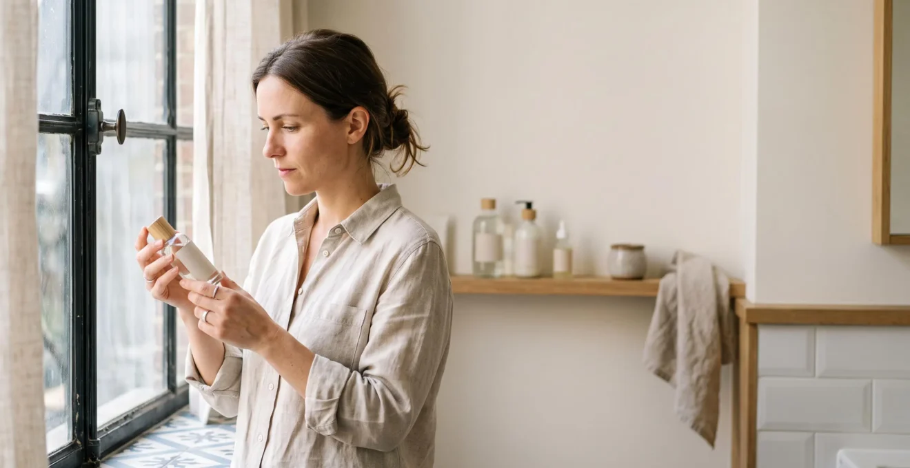 Une femme examine attentivement un flacon de cosmétique clean beauty dans une lumière naturelle, symbolisant la recherche de transparence des marques