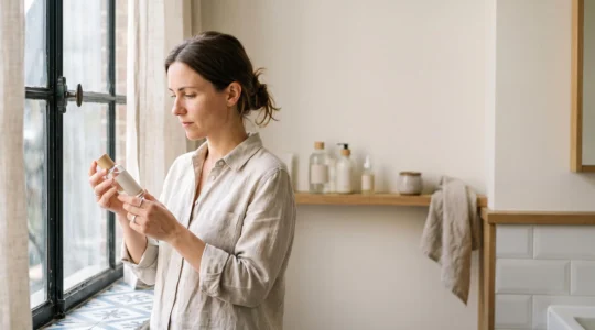Une femme examine attentivement un flacon de cosmétique clean beauty dans une lumière naturelle, symbolisant la recherche de transparence des marques