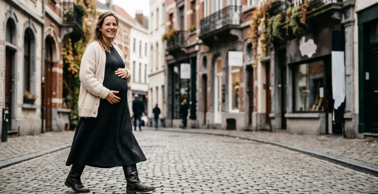 Femme enceinte élégamment vêtue marchant dans une rue bruxelloise avec un long gilet et une robe fluide, illustrant une garde-robe de grossesse confortable et intemporelle.