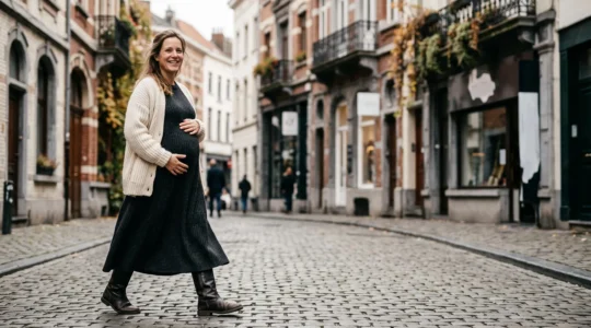 Femme enceinte élégamment vêtue marchant dans une rue bruxelloise avec un long gilet et une robe fluide, illustrant une garde-robe de grossesse confortable et intemporelle.