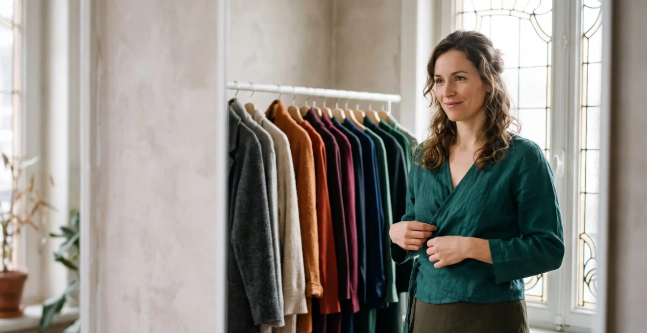 Femme essayant plusieurs tenues adaptables dans un dressing lumineux aux influences architecturales belges