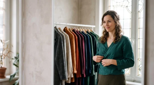 Femme essayant plusieurs tenues adaptables dans un dressing lumineux aux influences architecturales belges