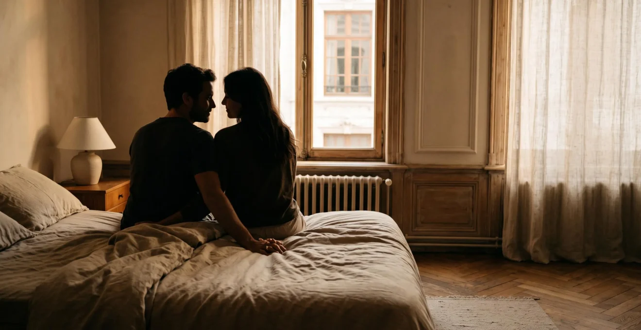 Couple partageant un moment de complicité et de tendresse dans une chambre lumineuse au style bruxellois, ambiance sereine et intimiste