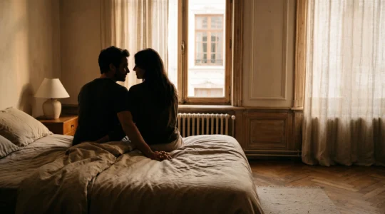 Couple partageant un moment de complicité et de tendresse dans une chambre lumineuse au style bruxellois, ambiance sereine et intimiste