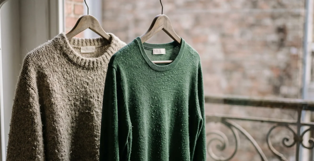Deux vêtements côte à côte, l'un artisanal et durable, l'autre issu de la fast fashion, symbolisant le choix entre mode éthique et mode jetable en Belgique
