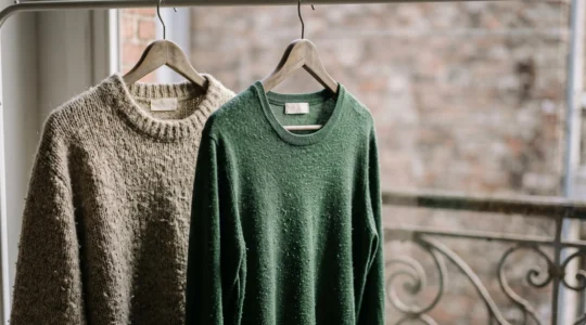 Deux vêtements côte à côte, l'un artisanal et durable, l'autre issu de la fast fashion, symbolisant le choix entre mode éthique et mode jetable en Belgique