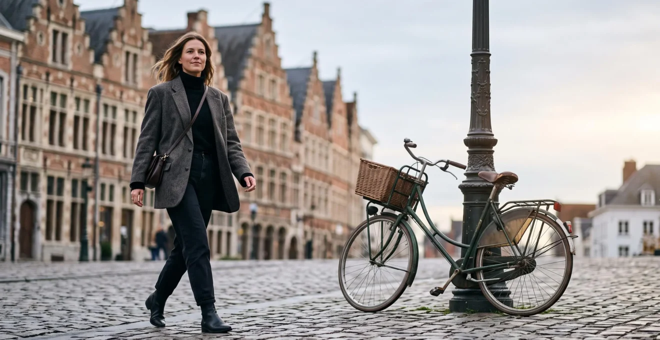 Silhouette elegante en blazer oversize traversant une rue pavee typique d'une ville belge, symbole d'une tendance mode durable