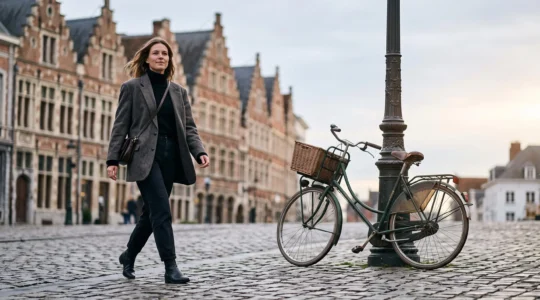 Silhouette elegante en blazer oversize traversant une rue pavee typique d'une ville belge, symbole d'une tendance mode durable
