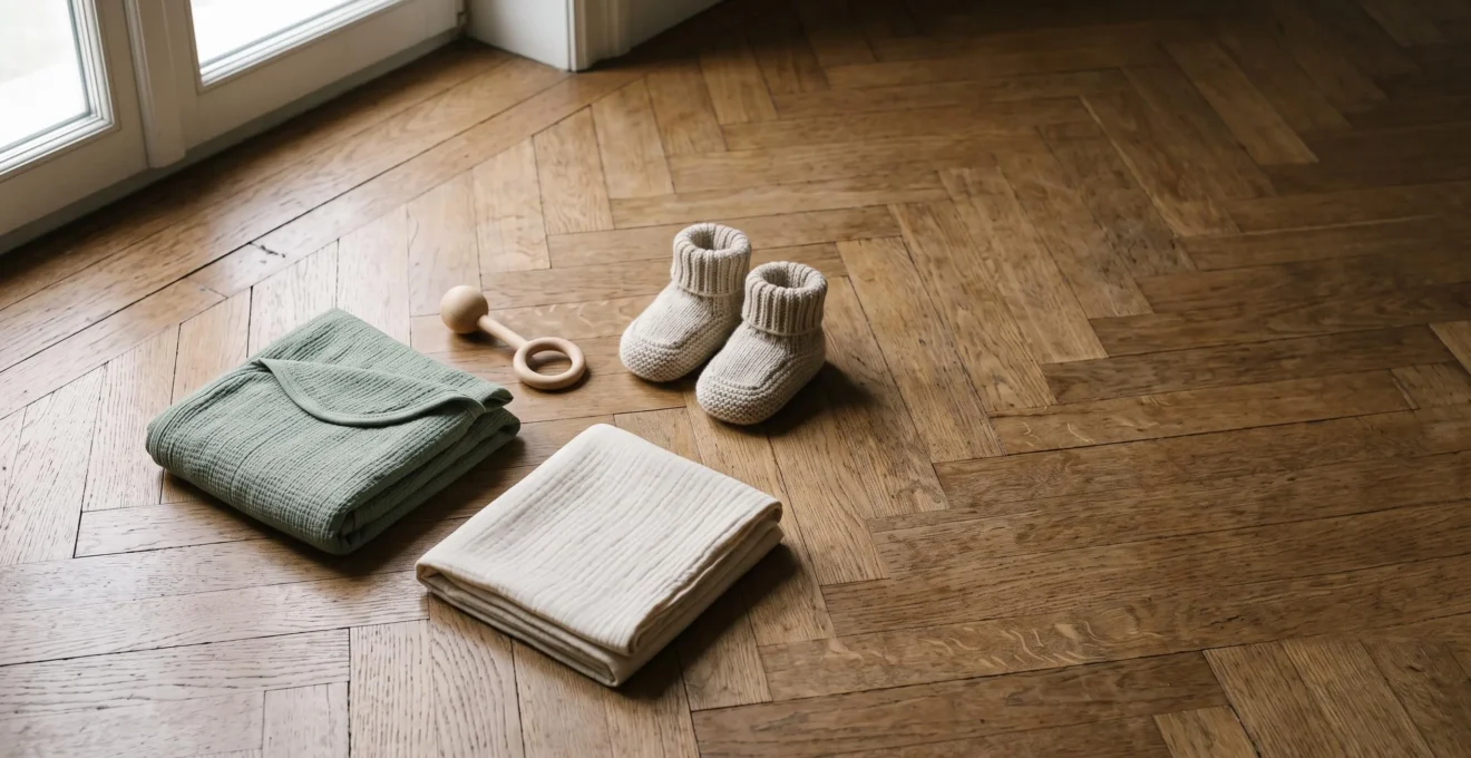 Selection epuree d'articles essentiels pour bebe disposes avec soin, symbole d'une liste de naissance minimaliste en Belgique