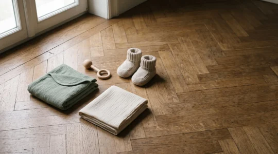 Selection epuree d'articles essentiels pour bebe disposes avec soin, symbole d'une liste de naissance minimaliste en Belgique
