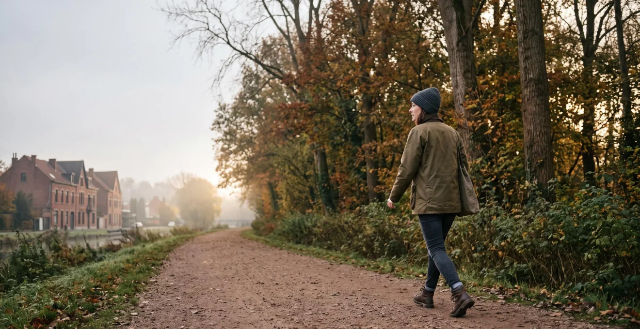 Personne marchant d'un pas dynamique sur un chemin arboré typique d'une voie verte belge au petit matin