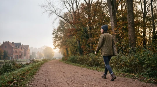 Personne marchant d'un pas dynamique sur un chemin arboré typique d'une voie verte belge au petit matin