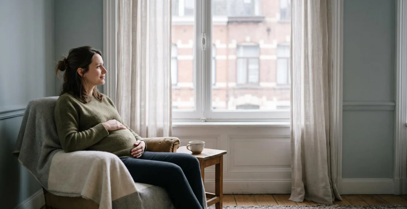 Jeune femme enceinte assise sereinement près d'une fenêtre dans un intérieur lumineux de style belge, symbolisant une maternité vécue sans pression