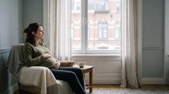 Jeune femme enceinte assise sereinement près d'une fenêtre dans un intérieur lumineux de style belge, symbolisant une maternité vécue sans pression