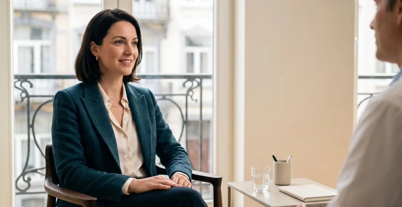 Patiente échangeant sereinement avec un professionnel de santé dans un cabinet médical lumineux en Belgique
