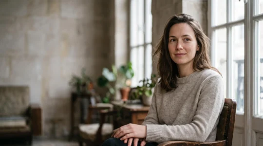 Portrait éditorial d'une jeune femme au teint naturel et lumineux, symbole de l'acceptation de soi face aux filtres numériques