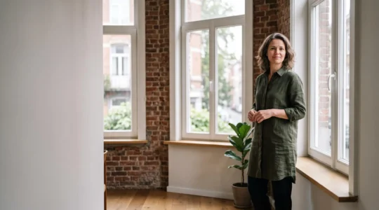 Femme active et sereine incarnant une démarche de prévention santé proactive dans un cadre belge apaisant