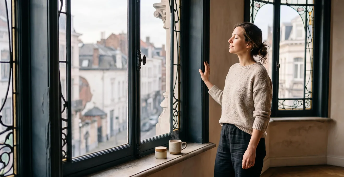 Femme sereine profitant d'un rituel de bien-être matinal près d'une fenêtre baignée de lumière, dans un intérieur inspiré de l'architecture belge