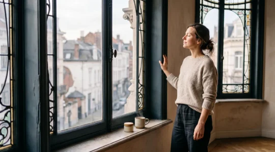 Femme sereine profitant d'un rituel de bien-être matinal près d'une fenêtre baignée de lumière, dans un intérieur inspiré de l'architecture belge