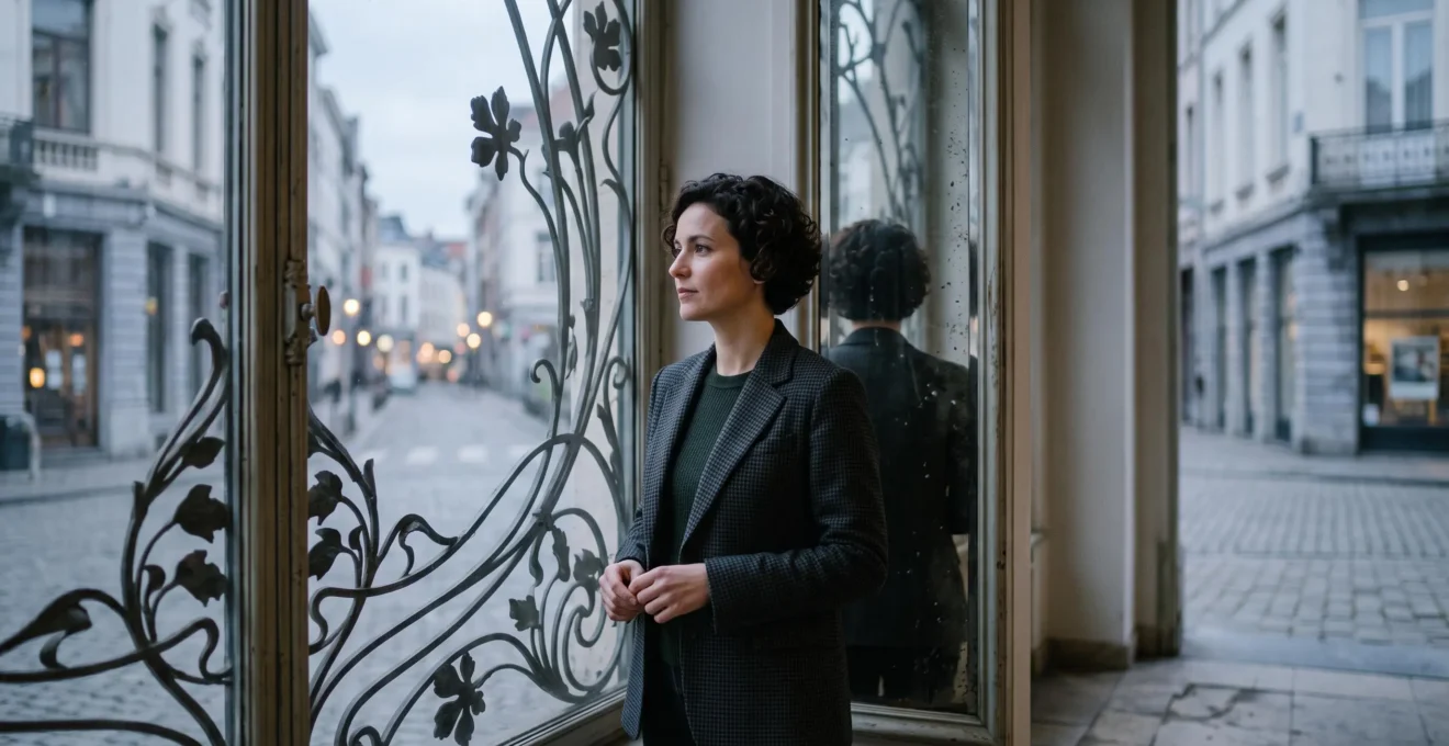 Portrait editorial d'une femme confiante dans un cadre architectural bruxellois, symbolisant la deconstruction sereine des clicles sexistes