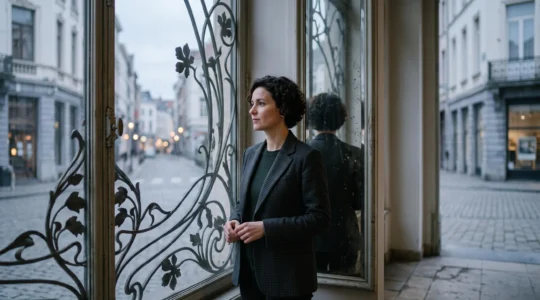 Portrait editorial d'une femme confiante dans un cadre architectural bruxellois, symbolisant la deconstruction sereine des clicles sexistes