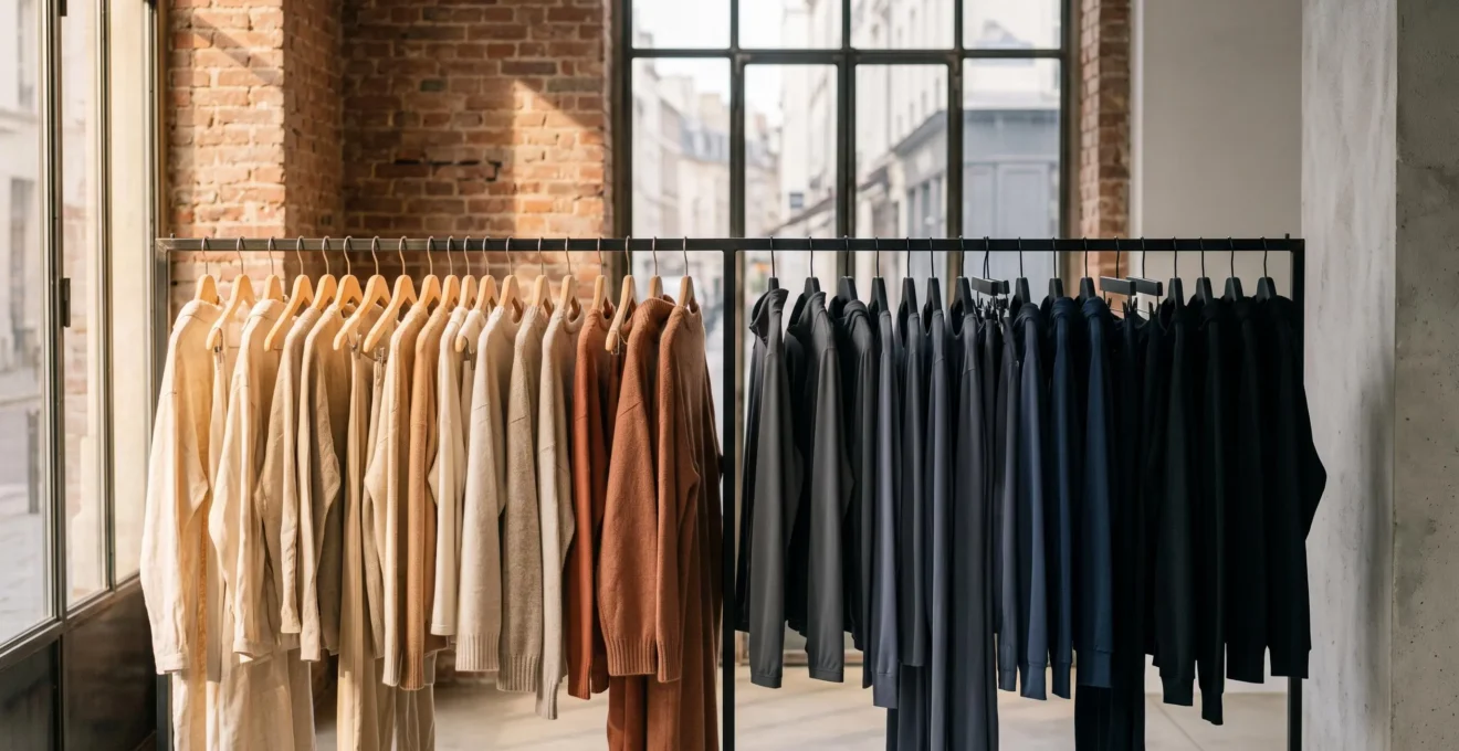 Portant de vêtements en Belgique symbolisant la frontière entre mode éthique authentique et marketing durable trompeur