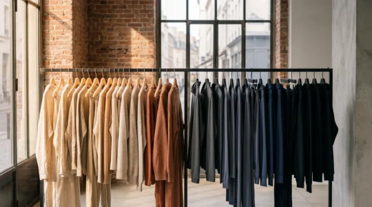 Portant de vêtements en Belgique symbolisant la frontière entre mode éthique authentique et marketing durable trompeur