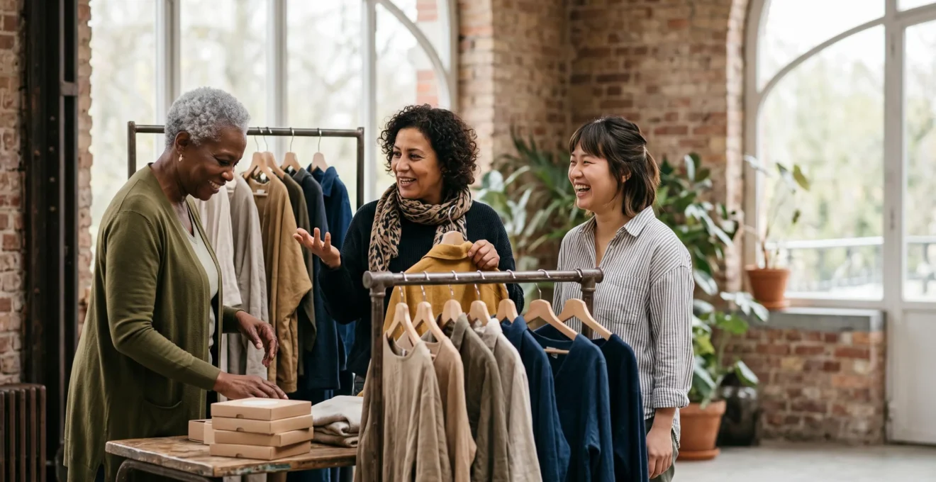 Groupe de femmes diverses échangeant chaleureusement autour de vêtements et de produits de beauté dans un espace associatif lumineux en Belgique
