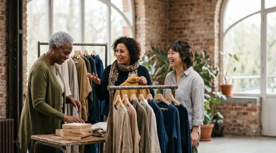 Groupe de femmes diverses échangeant chaleureusement autour de vêtements et de produits de beauté dans un espace associatif lumineux en Belgique