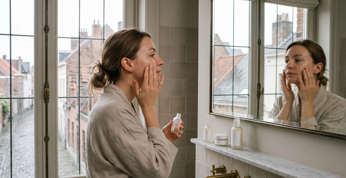 Femme appliquant un soin du visage minimaliste dans une salle de bain lumineuse typique d'une maison belge